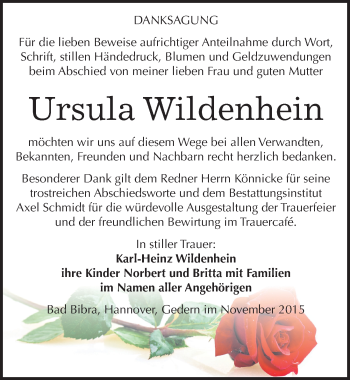 Traueranzeige von Ursula Wildenhein von Mitteldeutsche Zeitung Naumburg/Nebra