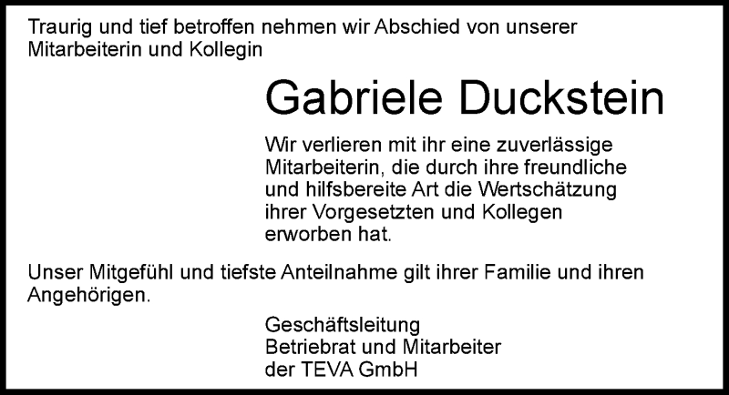  Traueranzeige für Gabriele Duckstein vom 21.11.2015 aus Mitteldeutsche Zeitung Halle/Saalkreis