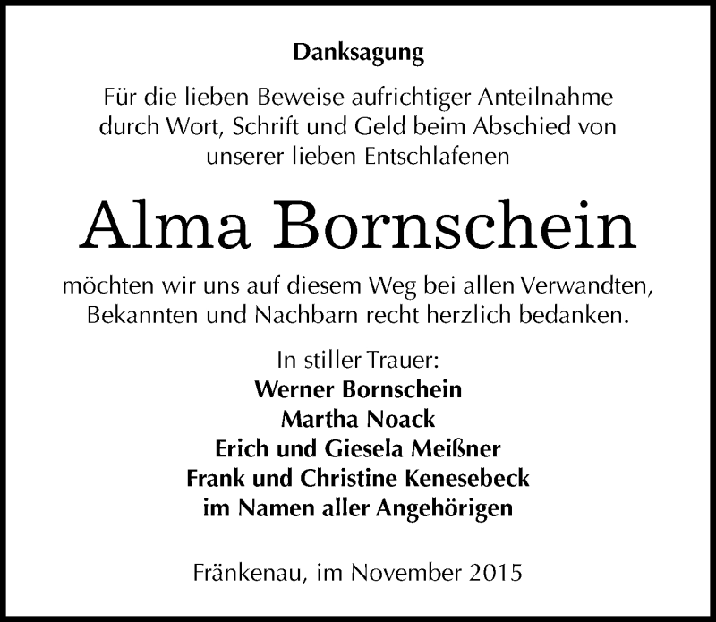  Traueranzeige für Alma Bornschein vom 10.11.2015 aus Mitteldeutsche Zeitung Naumburg/Nebra