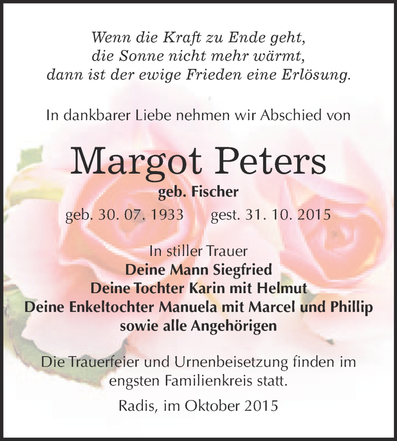  Traueranzeige für Margot Peters vom 14.11.2015 aus WVG - Wochenspiegel Wittenberg