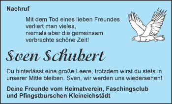 Traueranzeige von Sven Schubert von Super Sonntag Merseburg