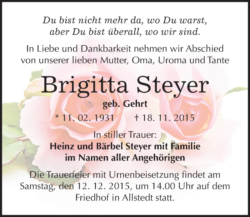  Traueranzeige für Brigitta Steyer vom 25.11.2015 aus Mitteldeutsche Zeitung Sangerhausen