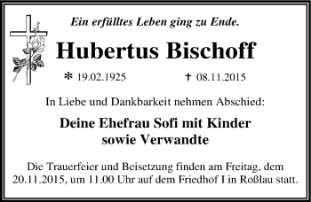 Traueranzeige von Hubertus Bischoff von Mitteldeutsche Zeitung Dessau-Roßlau
