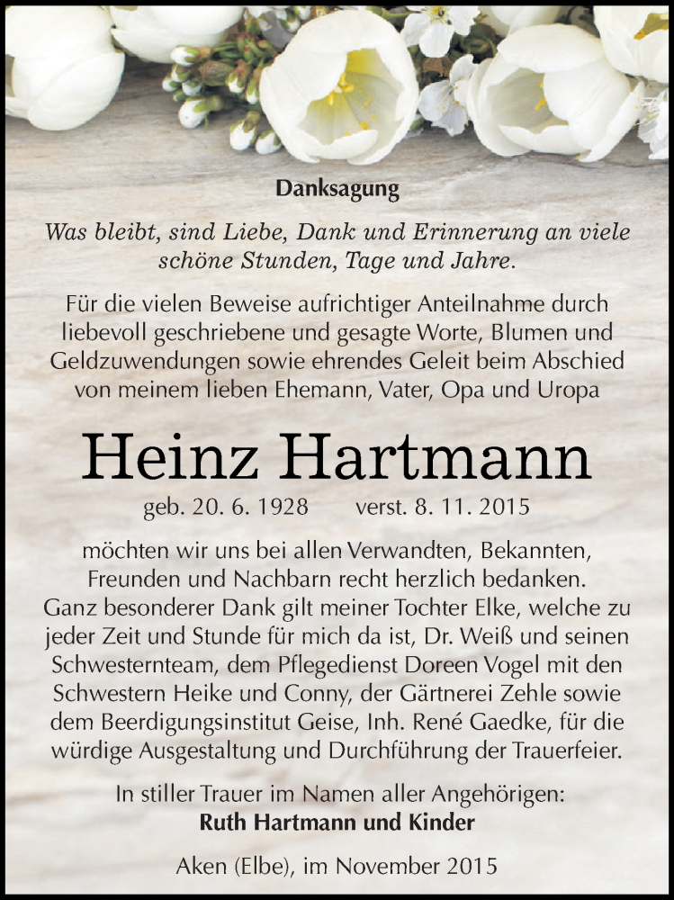  Traueranzeige für Heinz Hartmann vom 28.11.2015 aus WVG - Wochenspiegel Dessau / Köthen