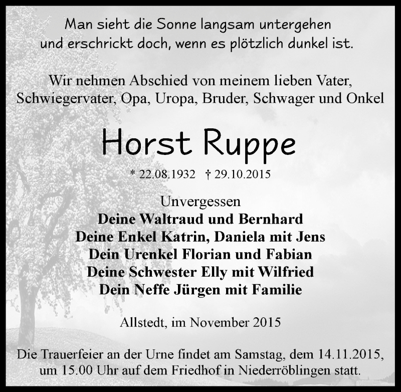 Traueranzeige für Horst Ruppe vom 11.11.2015 aus Mitteldeutsche Zeitung Sangerhausen