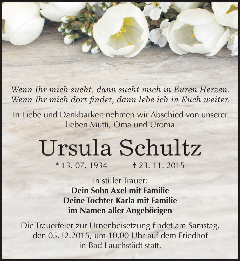  Traueranzeige für Ursula Schultz vom 28.11.2015 aus Mitteldeutsche Zeitung Halle/Saalkreis