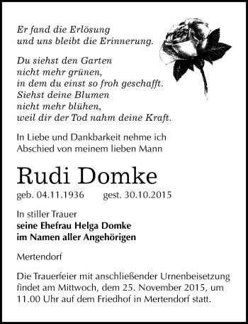 Traueranzeige von Rudi Domke von Mitteldeutsche Zeitung Naumburg/Nebra