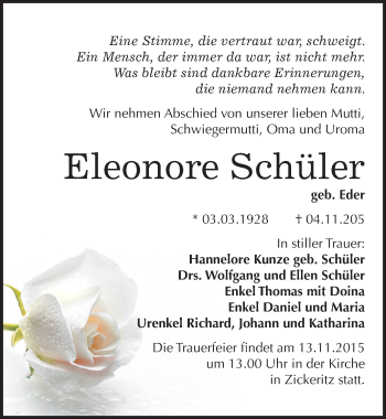 Traueranzeige von Eleonore Schüler von Mitteldeutsche Zeitung Bernburg