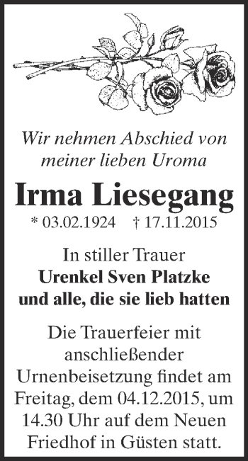 Traueranzeige von Irma Liesegang von Super Sonntag Bernburg