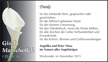 Traueranzeige von Gisela Marschollek von Mitteldeutsche Zeitung Sangerhausen