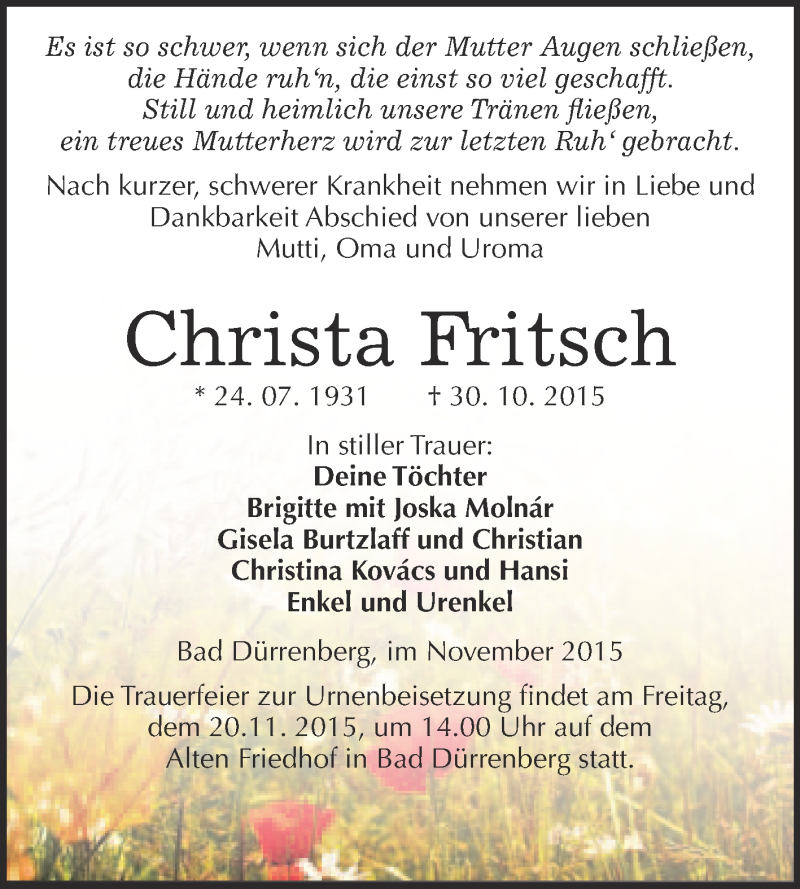  Traueranzeige für Christa Fritsch vom 07.11.2015 aus Super Sonntag Merseburg