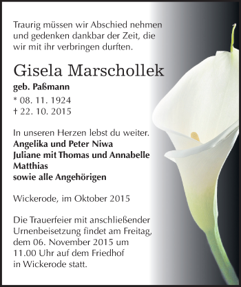 Traueranzeige von Gisela Marschollek von Mitteldeutsche Zeitung Sangerhausen