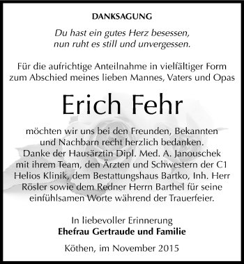 Traueranzeige von Erich Fehr von Mitteldeutsche Zeitung Köthen