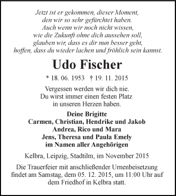 Traueranzeige von Udo Fischer von Super Sonntag SGH Mansf. Land