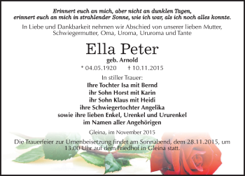 Traueranzeige von Ella Peter von Mitteldeutsche Zeitung Naumburg/Nebra