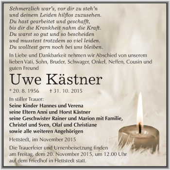 Traueranzeige von Uwe Kästner von Wochenspiegel Mansfelder Land