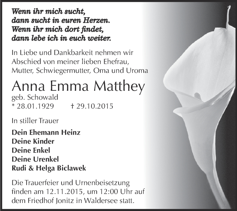  Traueranzeige für Anna Emma Matthey vom 07.11.2015 aus WVG - Wochenspiegel Dessau / Köthen
