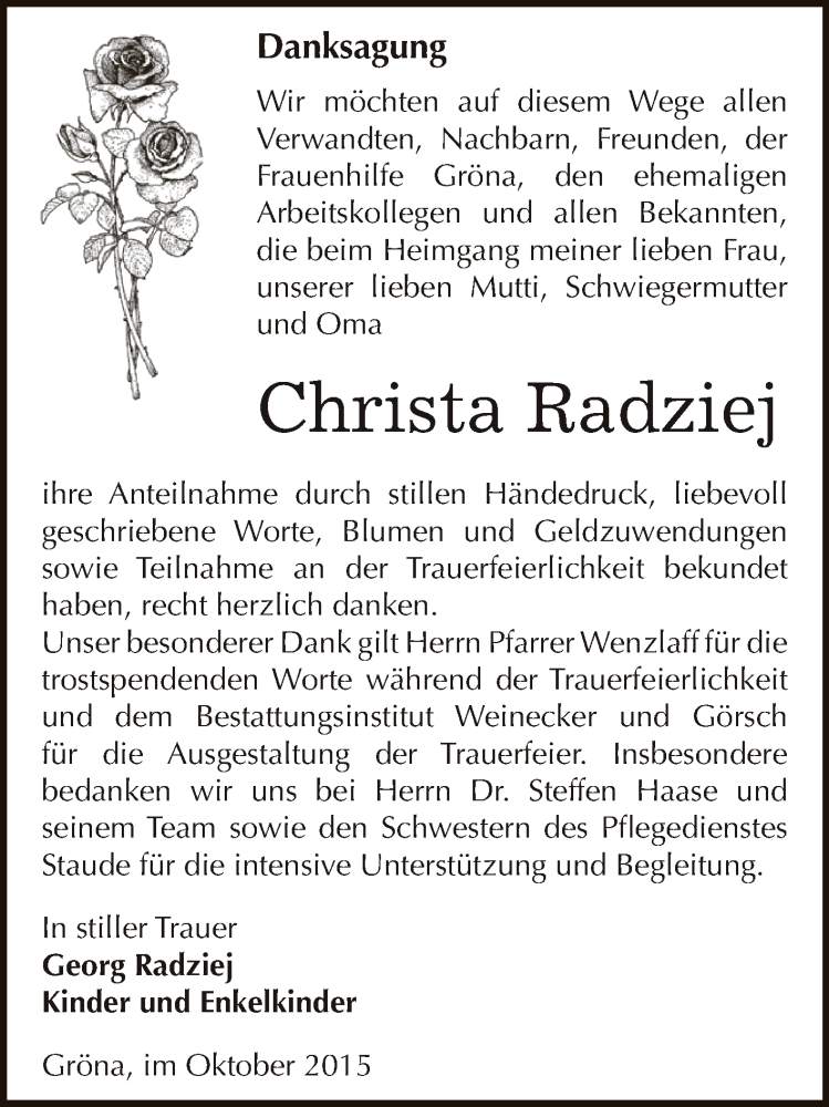  Traueranzeige für Christa Radziej vom 07.11.2015 aus Super Sonntag Bernburg