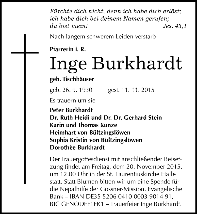  Traueranzeige für Inge Burkhardt vom 17.11.2015 aus Mitteldeutsche Zeitung Halle/Saalkreis
