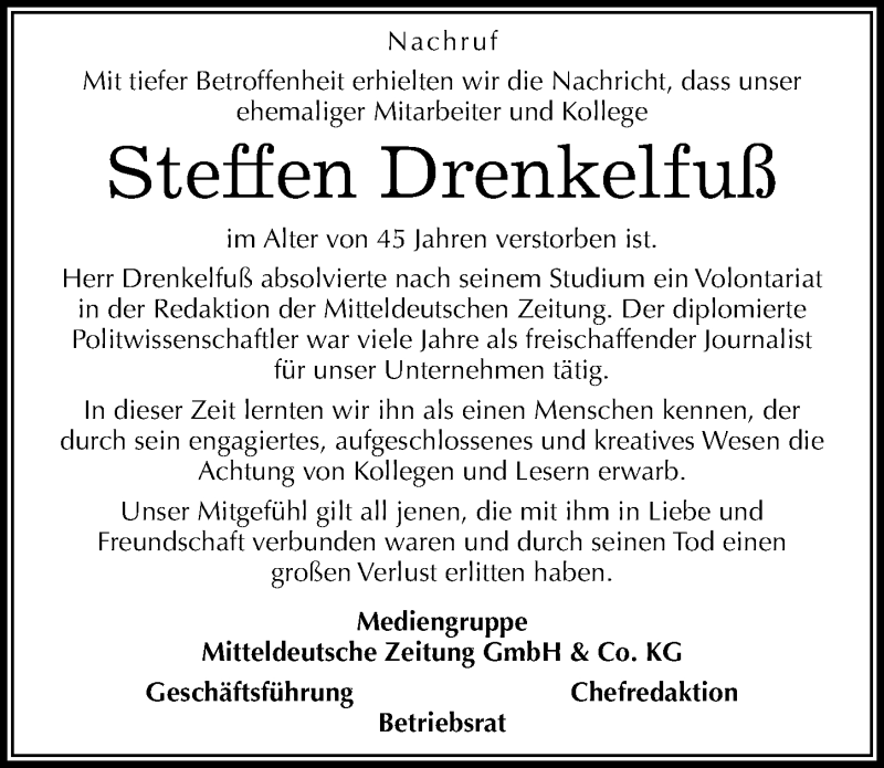  Traueranzeige für Steffen Drenkelfuß vom 18.11.2015 aus Mitteldeutsche Zeitung