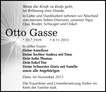 Traueranzeige von Otto Gasse von Mitteldeutsche Zeitung Wittenberg
