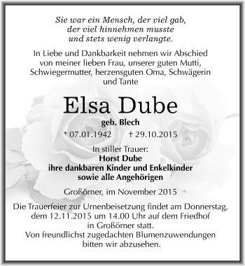 Traueranzeige von Elsa Dube von Mitteldeutsche Zeitung Mansfelder Land