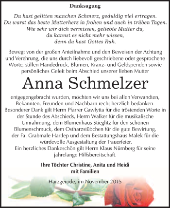 Traueranzeige von Anna Schmelzer von WVG - Wochenspiegel Quedlinburg