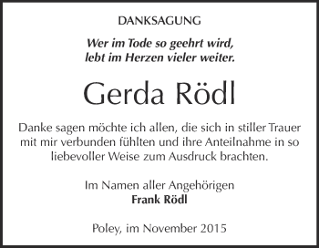 Traueranzeige von Gerda Rödl von Super Sonntag Bernburg