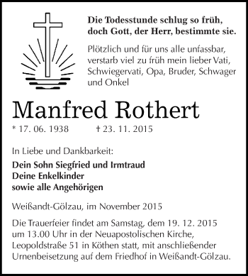 Traueranzeige von Manfred Rothert von WVG - Wochenspiegel Dessau / Köthen