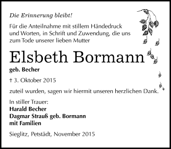 Traueranzeige von Elsbeth Bormann von Mitteldeutsche Zeitung Naumburg/Nebra