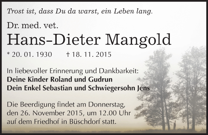  Traueranzeige für Hans-Dieter Mangold vom 21.11.2015 aus Mitteldeutsche Zeitung Halle/Saalkreis