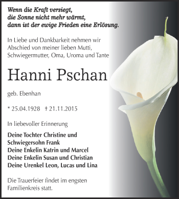 Traueranzeige von Hanni Pschan von WVG - Wochenspiegel Dessau / Köthen