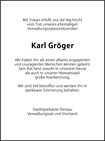 Traueranzeige von Karl Gröger von Mitteldeutsche Zeitung Dessau-Roßlau