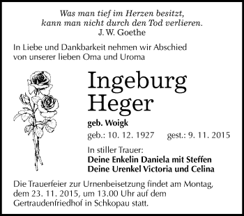 Traueranzeige von Ingeburg Heger von WVG - Wochenspiegel Merseburg