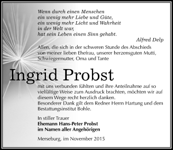 Traueranzeige von Ingrid Probst von Mitteldeutsche Zeitung Merseburg/Querfurt