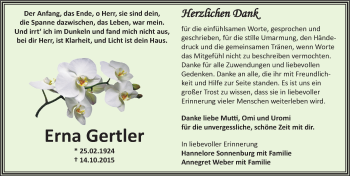 Traueranzeige von Erna Gertler von Mitteldeutsche Zeitung Zeitz