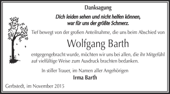 Traueranzeige von Wolfgang Barth von Wochenspiegel Mansfelder Land