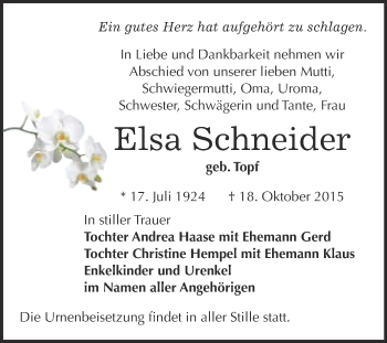 Traueranzeige von Elsa Schneider von WVG - Wochenspiegel NMB / WSF / ZTZ