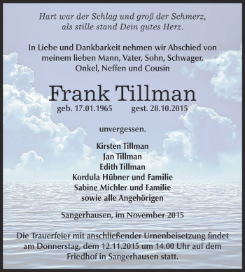 Traueranzeige von Frank Tillman von Super Sonntag SGH Mansf. Land