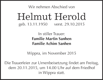 Traueranzeige von Helmut Herold von Super Sonntag SGH Mansf. Land