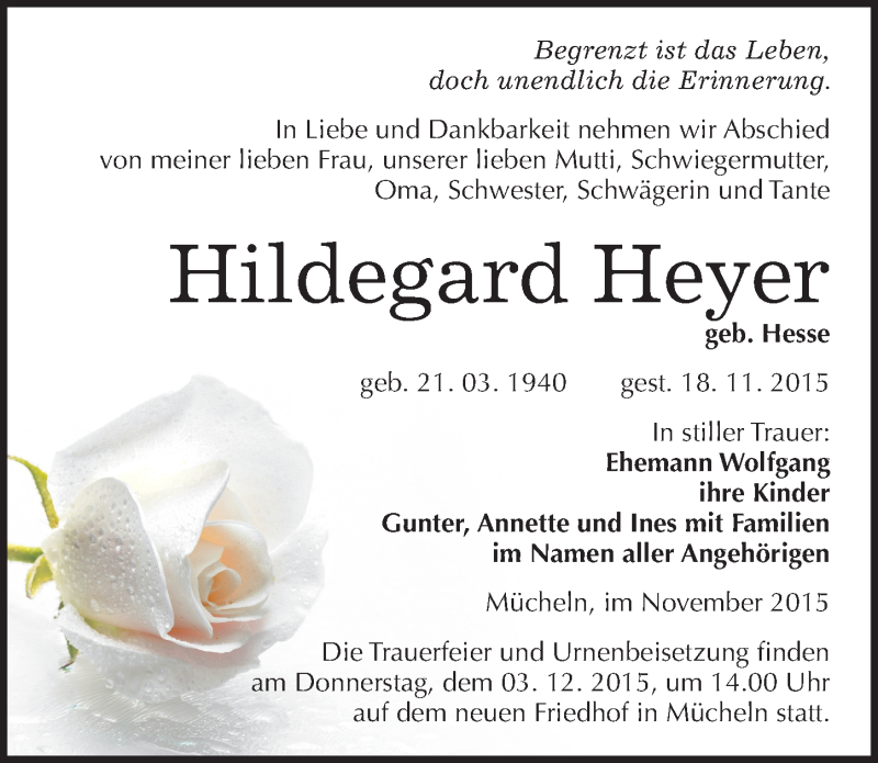 Traueranzeige für Hildegard Heyer vom 28.11.2015 aus Mitteldeutsche Zeitung Merseburg/Querfurt