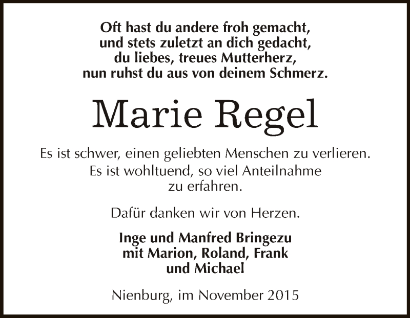  Traueranzeige für Marie Regel vom 21.11.2015 aus Super Sonntag Bernburg