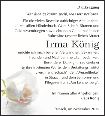 Traueranzeige von Irma König von Super Sonntag Wittenberg