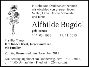 Traueranzeige von Alfhilde Bugdol von Mitteldeutsche Zeitung Halle/Saalkreis