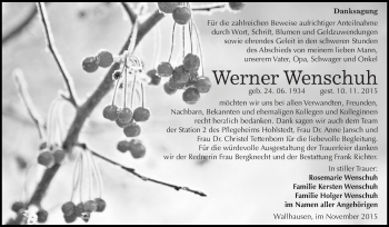 Traueranzeige von Werner Wenschuh von Super Sonntag SGH Mansf. Land