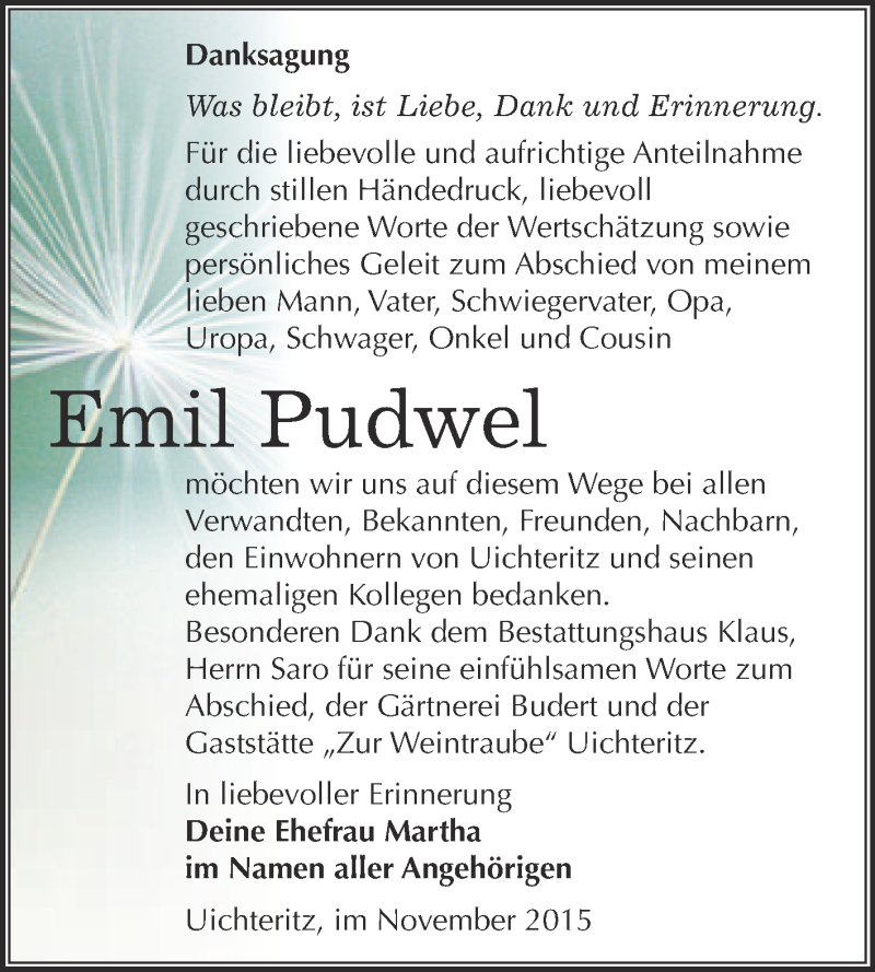 Traueranzeige für Emil Pudwel vom 11.11.2015 aus WVG - Wochenspiegel NMB / WSF / ZTZ
