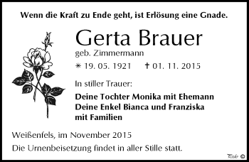 Traueranzeige von Gerta Brauer von Mitteldeutsche Zeitung Weißenfels