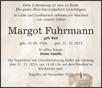 Traueranzeige von Margot Fuhrmann von Mitteldeutsche Zeitung Bitterfeld