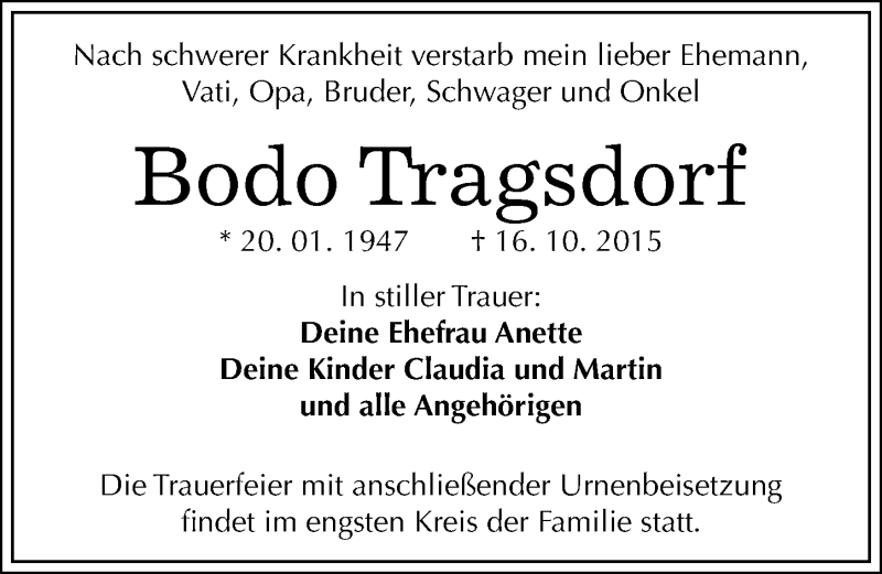  Traueranzeige für Bodo Tragsdorf vom 04.11.2015 aus Mitteldeutsche Zeitung Dessau-Roßlau
