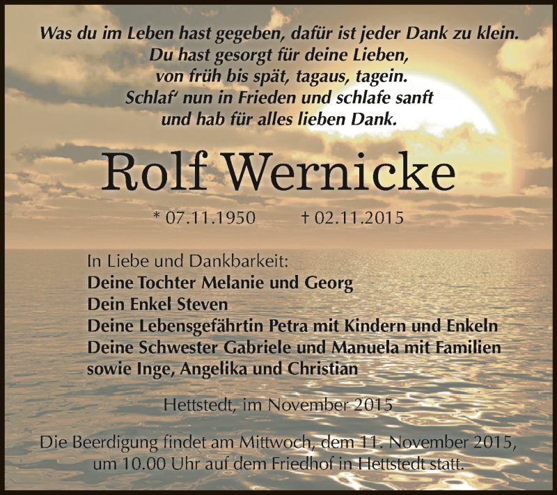  Traueranzeige für Rolf Wernicke vom 07.11.2015 aus Super Sonntag SGH Mansf. Land